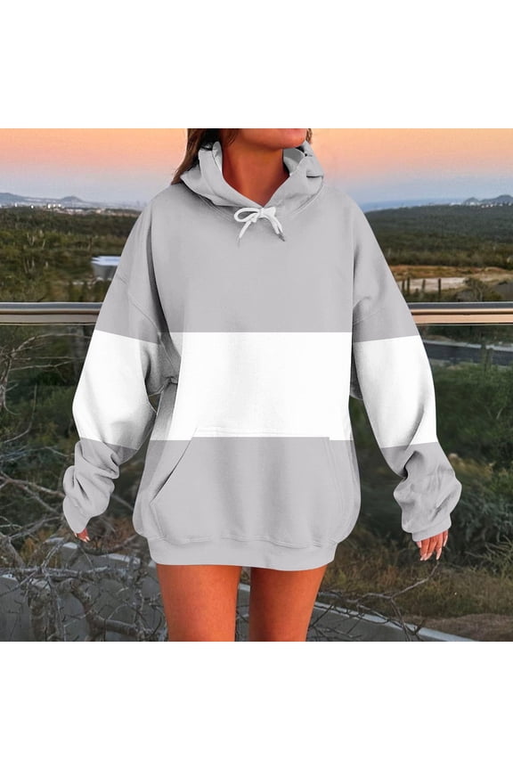 Hoodie Womens Hooded Sweatshirt Women Long Sleeved Pockets Drawstring Pullover Print Soft Casual Loose Fit Tops Lady Outdoor Running Fall Winter Wear Gray