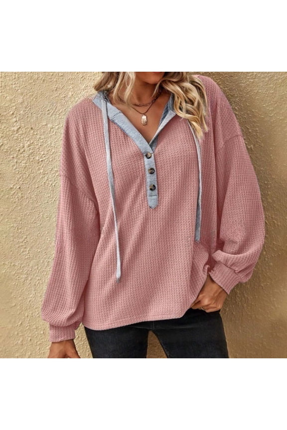 Hoodie Womens Hoodie Sweatshirt for Women Long Sleeved Button Drawstring Pullover Print Comfy Stylish Oversized Tops Ladies Hiking Workout Fall Winter Wear Pink