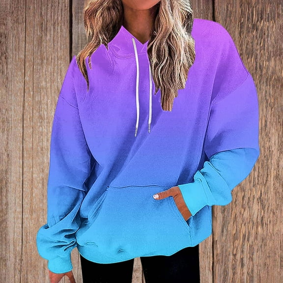 Brondbend Hoodie Womens Hoodies for Women Pullover Long Sleeved Drawstring Pocket Pullover Gradient Color Casual Plus Size Tops Ladies Gym Workout Fall Winter Wear Purple