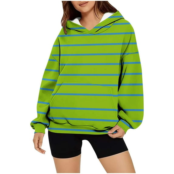 Brondbend Hoodie Womens Pull over Sweatshirt for Womens Long Sleeved Drawstring Pullover Stripe Leisure Oversized Tops Lady Outdoor Sport Fall Winter Wear Green