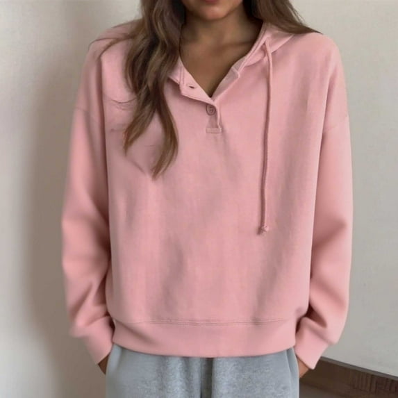 Brondbend Hoodie Womens Sweatshirt Women Long Sleeved Button Pullover Solid Color Comfy Stylish Loose Fit Tops Lady Weekend Workout Fall Winter Wear Pink