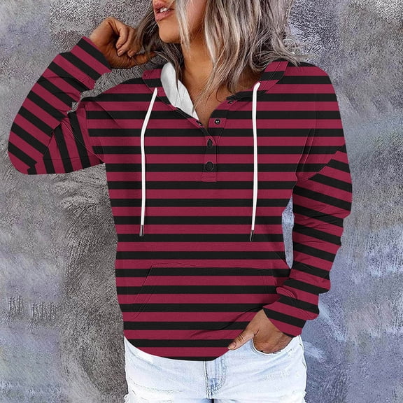 Brondbend Hoodie Womens Women Pullover Long Sleeved Drawstring Pocket Button Pullover Stripe Stylish Oversized Tops Ladies Festival Fall Winter Wear Wine