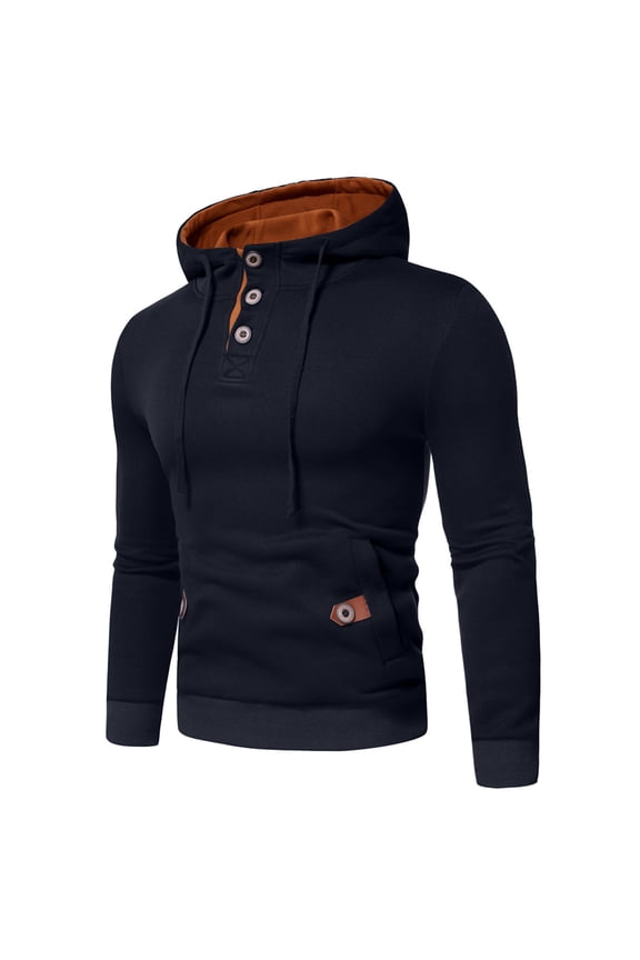 Hoodies Mens Men Pullover Hoodie Long Sleeved Button Drawstring Pullover Solid Color Fashion Slim Fit Tops Daily Sports Fall Winter Wear Navy