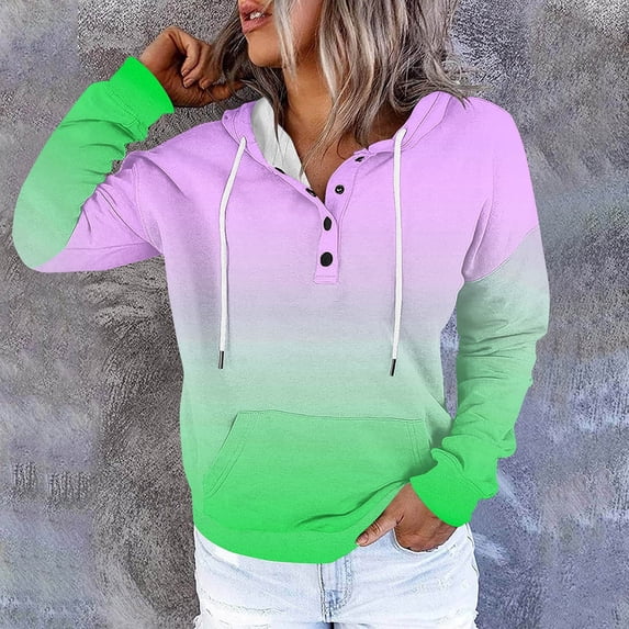 Brondbend Hoodies for Woman Womens Hoodie Sweatshirt Long Sleeved Drawstring Pocket Button Pullover Print Stylish Plus Size Tops Ladies Outdoor Athletic Fall Winter Wear Purple