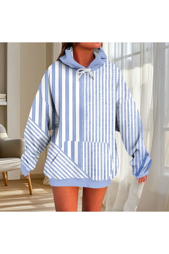Hoodies for Woman Womens Pullovers Long Sleeved Pockets Drawstring Pullover Stripe Leisure Loose Tops Ladies Outdoor Workout Fall Winter Wear Light Blue