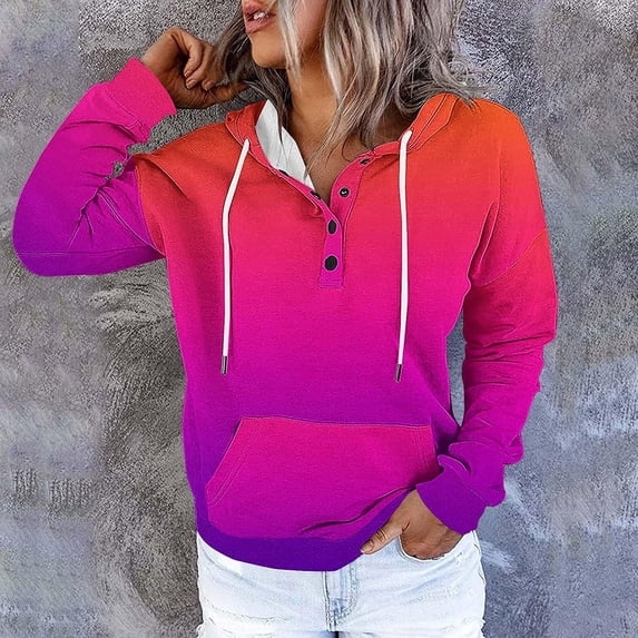Brondbend Hoodies for Women Essentials Pull over Hoodie for Womens Long Sleeved Pockets Drawstring Button Pullover Print Comfy Stylish Loose Tops Ladies School Workout Fall Winter Wear Hot Pink