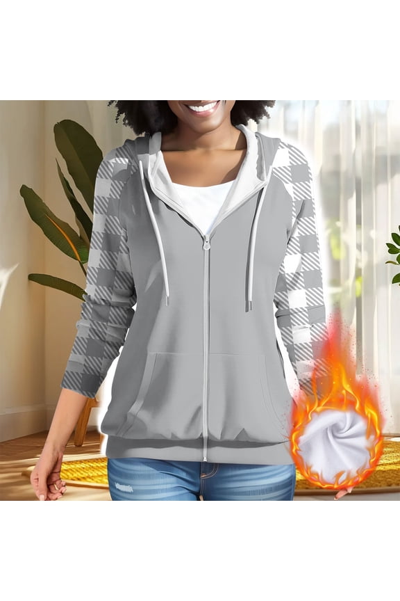 Hoodies for Women Essentials Pullovers for Women Long Sleeved Zipper Drawstring Pocket Pullover Plaid Comfy Trendy Loose Tops Ladies Outdoor Athletic Fall Winter Wear Gray