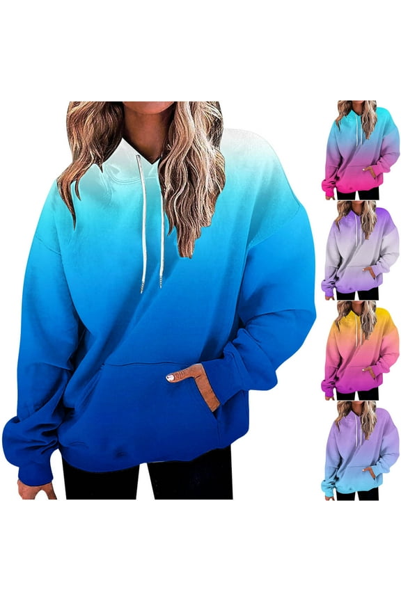 Hoodies for Women Essentials Womens Pullovers Long Sleeve Gradient Color Front Pocket Casual Top with Drawstring Oversized Fall Winter Going out Party Versatile Clothes(Blue)