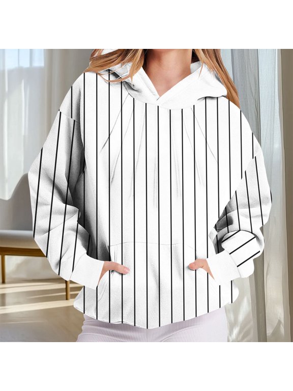 Hoodies for Women Sweatshirt for Women Long Sleeve Hooded Stripe Pleated Casual Pullovers with Front Pocket Plus Size Fall Winter Going out Work Party Fashion Top(White)