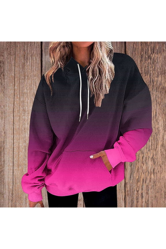 Hoodies Women Women's Hooded Sweatshirt Long Sleeved Drawstring Pocket Pullover Gradient Color Casual Plus Size Tops Lady Daily Sports Fall Winter Wear Red