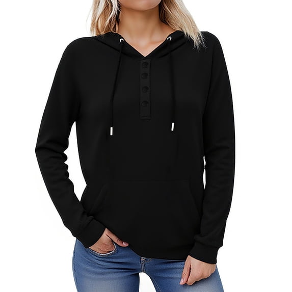 Brondbend Hoodies for Women Womens Hoodie Sweatshirt Long Sleeved Pockets Drawstring Button Pullover Solid Color Comfy Trendy Loose Fit Tops Lady Mountaineering Fall Winter Wear Black