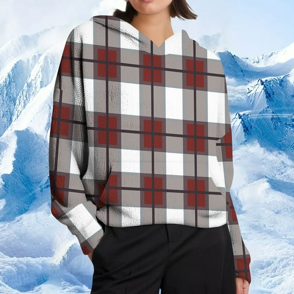 Brondbend Hoodies for Women Womens Pullover Long Sleeved Pocket Pullover Plaid Comfortable Oversized Tops Ladies Climb Mountains Fall Winter Wear Wine