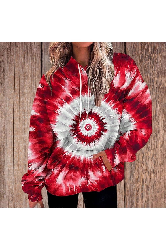 Hoodies for Women Pullover Woman Long Sleeved Drawstring Pocket Pullover Print Casual Loose Tops Ladies Outdoor Travel Fall Winter Wear Red