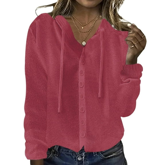Brondbend Jacket with Hood Women Cardigan Womens Long Sleeved Button Ice Silk Thin Knit Sweater Loose Fit Shirt Jacket Fall Trendy Party Work Outerwear,Red