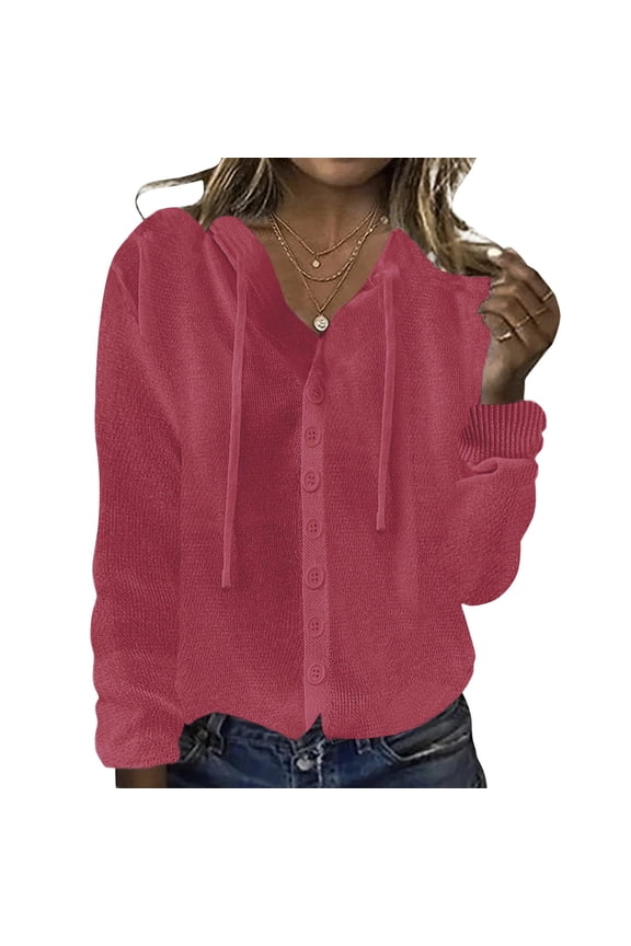 Jacket with Hood Women Cardigan Womens Long Sleeved Button Ice Silk Thin Knit Sweater Loose Fit Shirt Jacket Fall Trendy Party Work Outerwear,Red