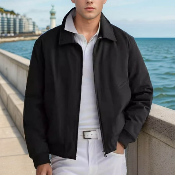 Brondbend Jacket Mens Men Coats Winter Lapel Long Sleeved Zipper Outerwear Solid Color Comfy Stylish Jacket Loose Fit School Tops Black