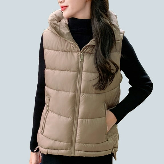 Brondbend Jacket Vest for Women Woman's Winter Coat Hooded Sleeveless Pocket Zipper Outerwear Solid Color Leisure Loose Fit Coats Ladies Anniversary Tops Khaki