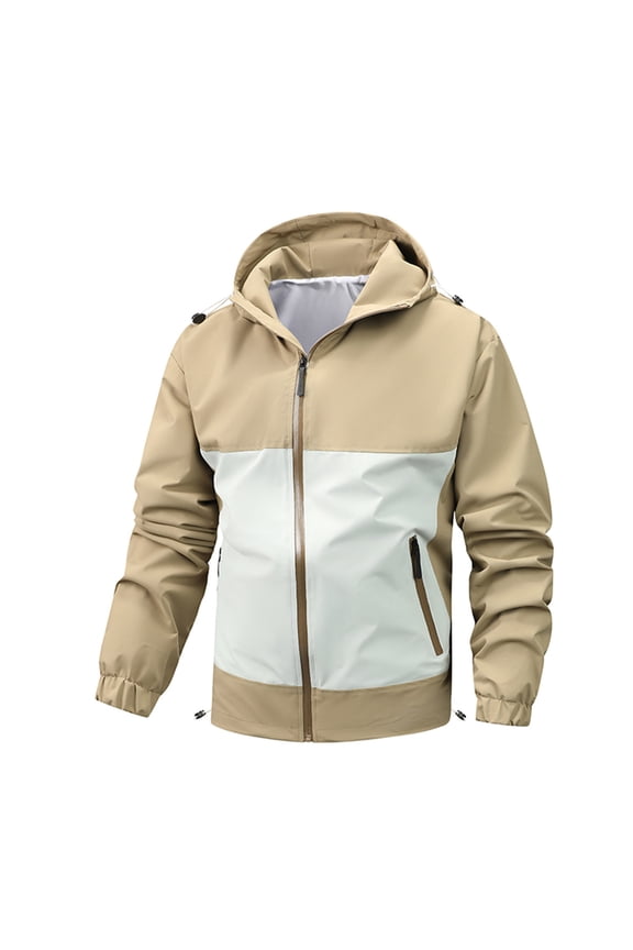 Jacket Waterproof Men Men Winter Casual Patchwork Hooded Zipper Pockets Long Sleeve Coat Loose Fit Fall Winter Outdoor Hiking Workout,Khaki