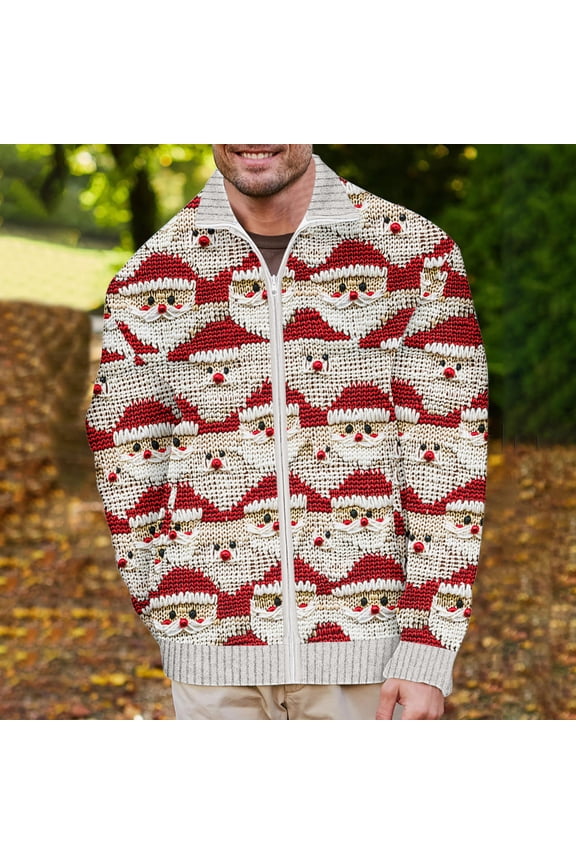 Jackets for Men Coat for Men Lapel Long Sleeved Zipper Outerwear Christmas Print Comfortable Warm Jacket Loose Outdoor Tops Beige