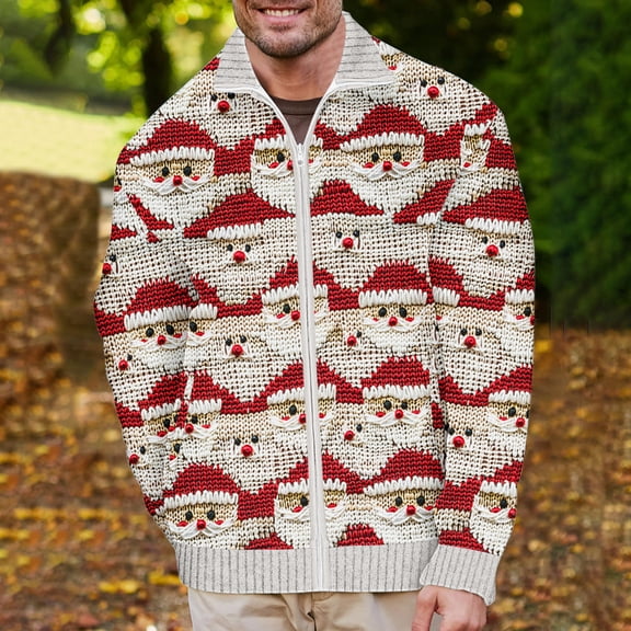 Brondbend Jackets for Men Men's Winter Coats Lapel Long Sleeved Zipper Outerwear Christmas Print Comfortable Warm Jacket Loose Daily Tops Beige