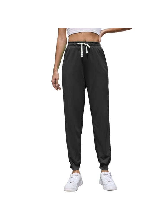 Joggers for Women Sweatpants for Women Solid Color Elastic High Waisted Drawstring Ankle Athletic Trousers with Pocket Regular Fit Fall Winter Outdoor Running Comfy Pants,Black