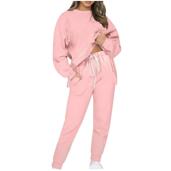 Brondbend Jogging Sets for Women 2 Piece Long Sleeve Solid Pullover Sweatshirt Slit Elastic Waist Sweatpants Outfits with Pockets and Drawstring Regular Fit Fall Workout Tracksuit,Pink