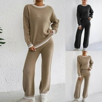 Brondbend Knit Sweater Set Women Lounge Sets for Women Crew Neck Long Sleeve Multicolour Tops Elastic Waist Pants Casual Suits Oversized Fall Winter Home Warm Comfy Clothes,Black