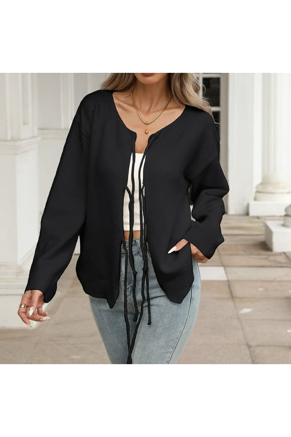 Knitted Cardigans for Women Crewneck Long Sleeved Solid Color Lace up with Knitted Sweaters Loose Fit Fall Fashion Party or Vacation Breathable Outerwear,Black