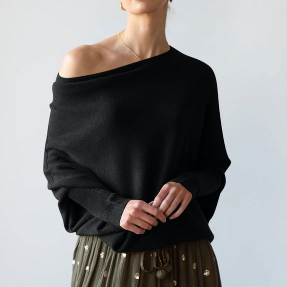 Brondbend Knitted Sweaters for Women Long Sleeve Knit Tops for Women Crewneck One Shoulder Solid Color Top Trendy Loose Fit Thick Pullover Winter Versatile Party Warm Blouse,Black