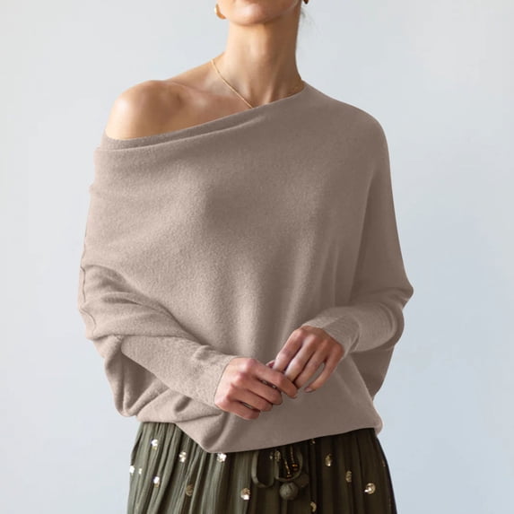 Brondbend Knitted Sweaters for Women Long Sleeve Knit Tops for Women Crewneck One Shoulder Solid Color Top Trendy Loose Fit Thick Pullover Winter Versatile Party Warm Blouse,Beige