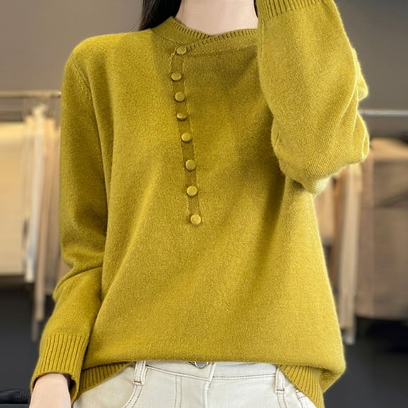 Brondbend Knitted Sweaters for Women Sweaters for Women Fall Crewneck Long Sleeve Solid Color Top Fashion Button Loose Thick Pullover Winter Comfortable Party Dating Warm Top,Yellow
