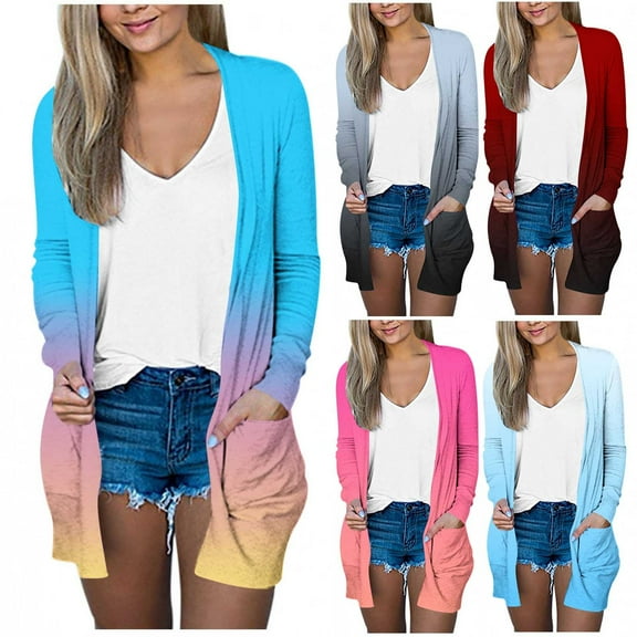 Brondbend Lightweight Cardigans for Women Long Sleeve Open Front Gradient Color Fashion Top with Pocket Womens Plus Summer Fall Party Vacation Comfortable Outerwear,Gray