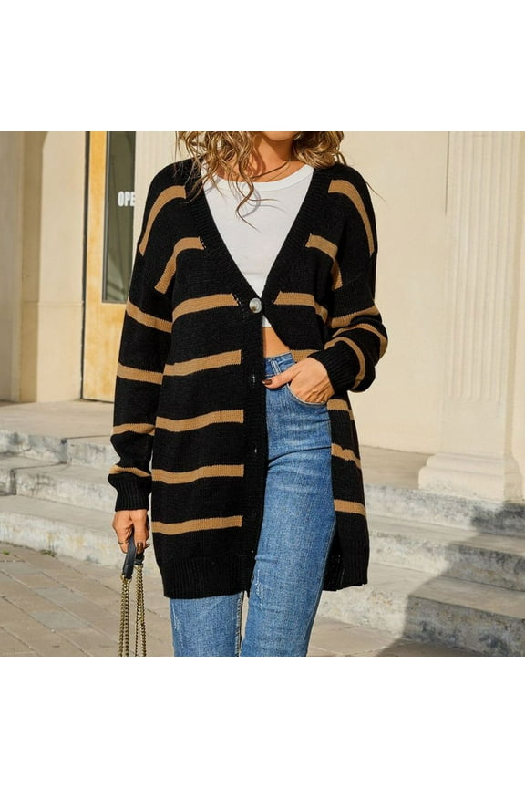 Long Cardigan Sweaters for Women V Neck Long Sleeves Striped Button Down Open Front Casual Outerwear Oversized Fall Going out Party Breathable Coat Comfortable ,Black