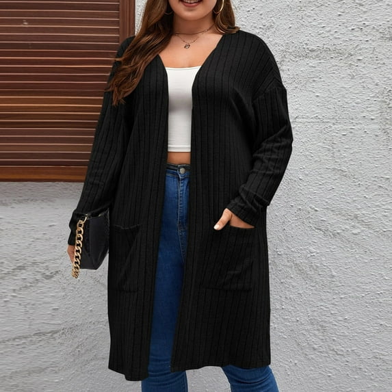 Brondbend Long Cardigan for Women Knitted Top for Women Long Sleeved Open Front Top with Pocket Solid Color Coat Plus Size Fall Fashion Going out Party Comfortable Outerwear Black