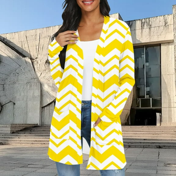 Brondbend Long Cardigan for Women Long Sleeve Stripe Printed Pocket Open Front Fashion Top Womens Plus Fall Going out Vacation Lightweight Outerwear Comfortable,Yellow