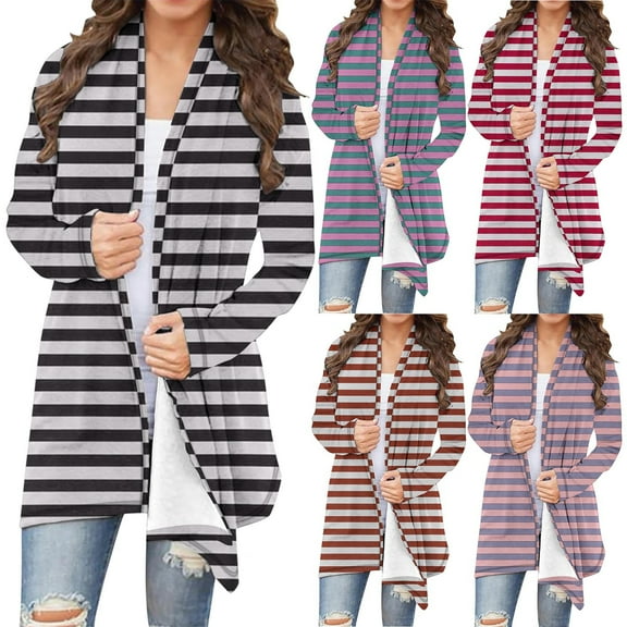 Brondbend Long Cardigan for Women Long Sleeved Striped Print Open Front Multicolor Fashion Coat Irregular Plus Size Ladies' Fall Going out Beach Travel Lightweight Outerwear,Black