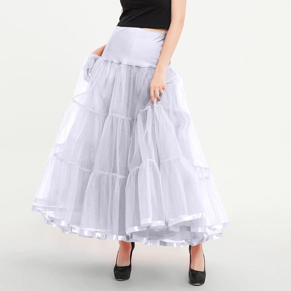 WWV Long Maxi Skirts for Women High Waisted Mesh Flowy Ruffle Skirt Dress Summer Solid Color Trendy Ladies Loose Fit Weekend Skirt White XL