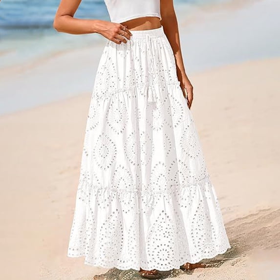 WWV Long Skirts for Women Elastic High Waisted Lace Hollow out Skirt Dress with Drawstring Summer Solid Color Comfy Trendy Ladies Loose Fit Birthday Party Skirt White XL