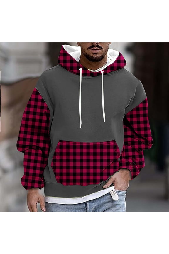 Man Hoodie Mens Pullover Sweatshirt Long Sleeved Drawstring Pocket Pullover Plaid Comfy Relaxed Loose Fit Tops Mountaineering Fall Winter Wear Hot Pink