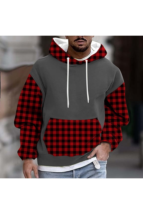 Man Hoodie Mens Pullovers Long Sleeved Drawstring Pocket Pullover Plaid Comfy Relaxed Loose Fit Tops Going out Running Fall Winter Wear Red