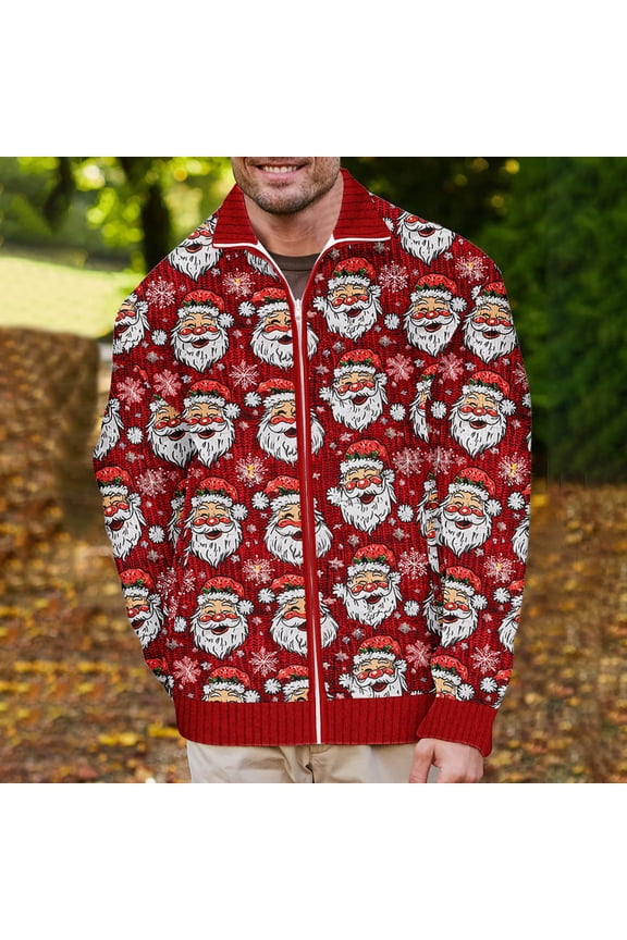 Man Jacket Winter Coats for Men Lapel Long Sleeved Zipper Outerwear Christmas Print Comfortable Warm Jacket Loose Daily Tops Red