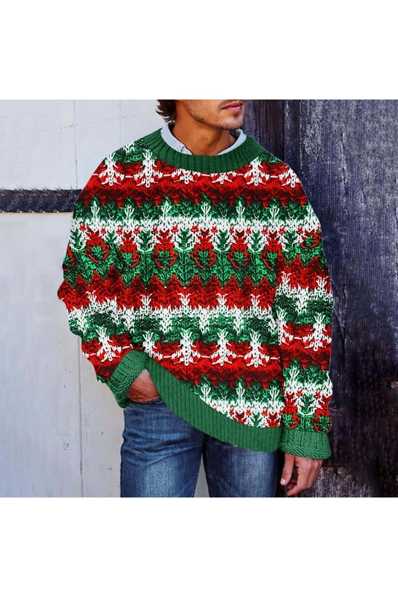 Man Sweater Christmas Pullover Sweaters for Men Crew Neck Long Sleeved Tops Print Trendy Loose Fit Blouse Fall Winter Work Clothes Green