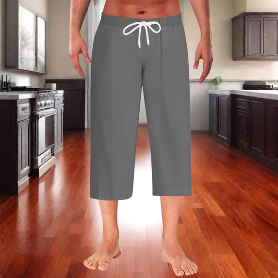 WWV Men Capri Pants Cropped Pants Men Drawstring Elastic Waist Straight Leg Trousers Solid Color Fashion Loose Holiday Party Pants Dark Gray XXXL