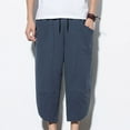 thumbnail image 1 of WWV Men Capri Pants Cropped Pants Men Pocket Drawstring Trousers Solid Color Leisure Loose Holiday Party Cotton Linen Pants Navy XXL, 1 of 5