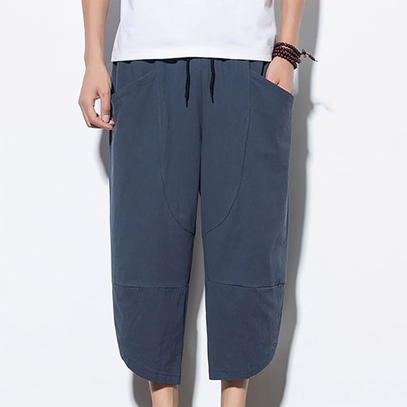WWV Men Capri Pants Cropped Pants Men Pocket Drawstring Trousers Solid Color Leisure Loose Holiday Party Cotton Linen Pants Navy XXL