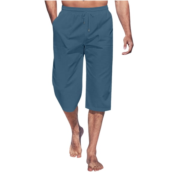 WWV Men Capri Pants Mens Cropped Pants Pocket Drawstring Elastic Waist Trousers Solid Color Trendy Loose Vacation Party Pants Dark Blue M