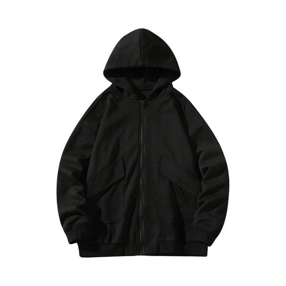 Brondbend Men Coat Jackets for Men Hooded Long Sleeved Zipper Pocket Outerwear Solid Color Casual Jacket Loose Fit Holiday Tops Black