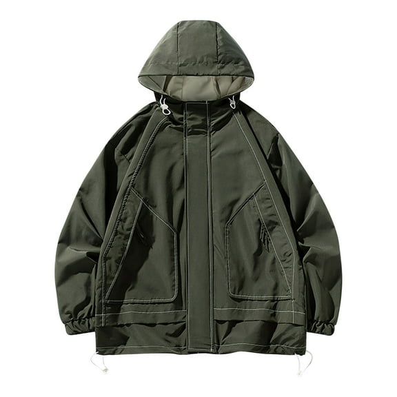 Brondbend Men Coat Men’s Jackets Hooded Long Sleeved Zipper Pocket Outerwear Solid Color Casual Jacket Loose Fit Work Tops Army Green