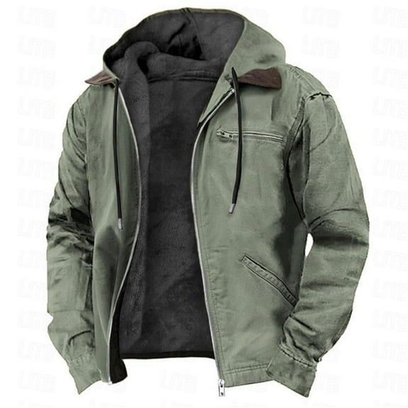 Brondbend Men Coat Mens Jackets Hooded Long Sleeved Zipper Pocket Outerwear Solid Color Trendy Jacket Loose Fit Daily Tops Army Green