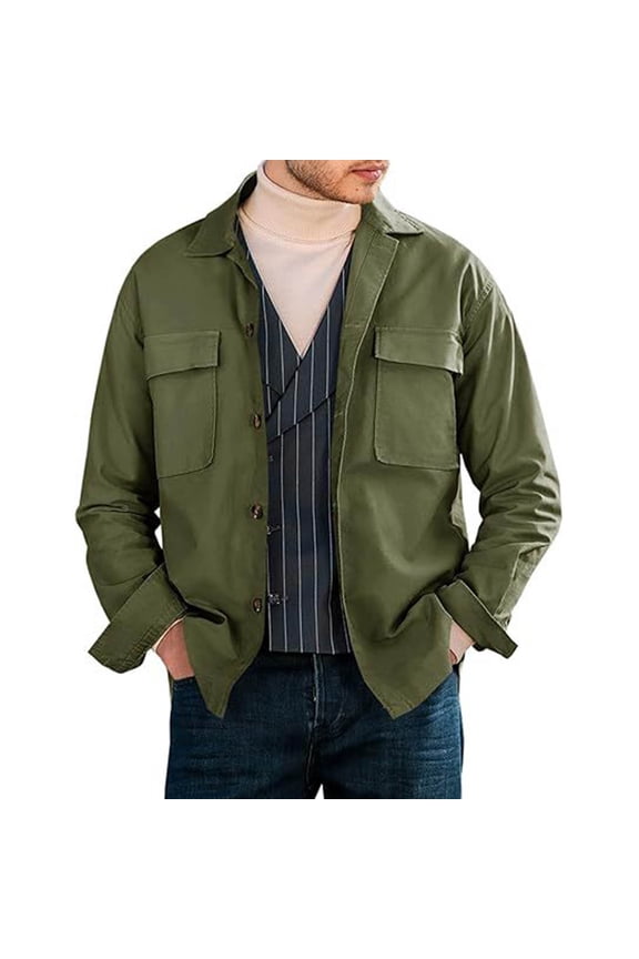Men Jacket Men Coats Winter Lapel Long Sleeved Pocket Button Outerwear Solid Color Stylish Jacket Loose Fit Going out Tops Army Green